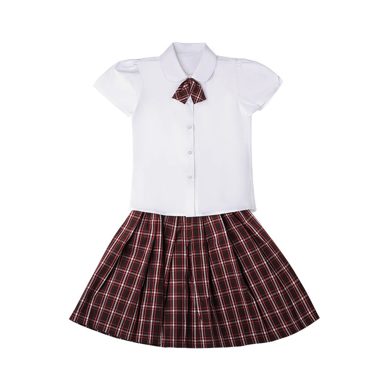 深圳校服小学生礼服夏季男女统一透气短袖短裤衬衫领结格子裤裙子