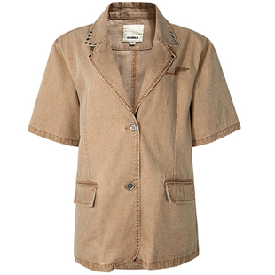 GUUKAHERO卡其牛仔短袖衬衫女 张淼怡同款美式复古美拉德上衣外套