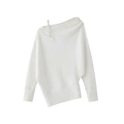 1P STUDIO原创设计 白色仿貂斜肩针织衫女秋冬水钻宽松打底毛衣