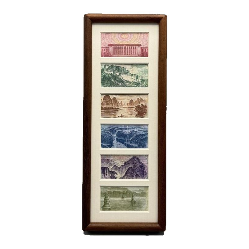 六连框黑胡桃相框增运多金画框摆台人民币装饰画简约轻奢立式摆台