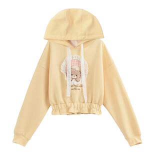 森女部落甜美风纯色连帽短款卫衣女新款小熊刺绣设计感宽松上衣春