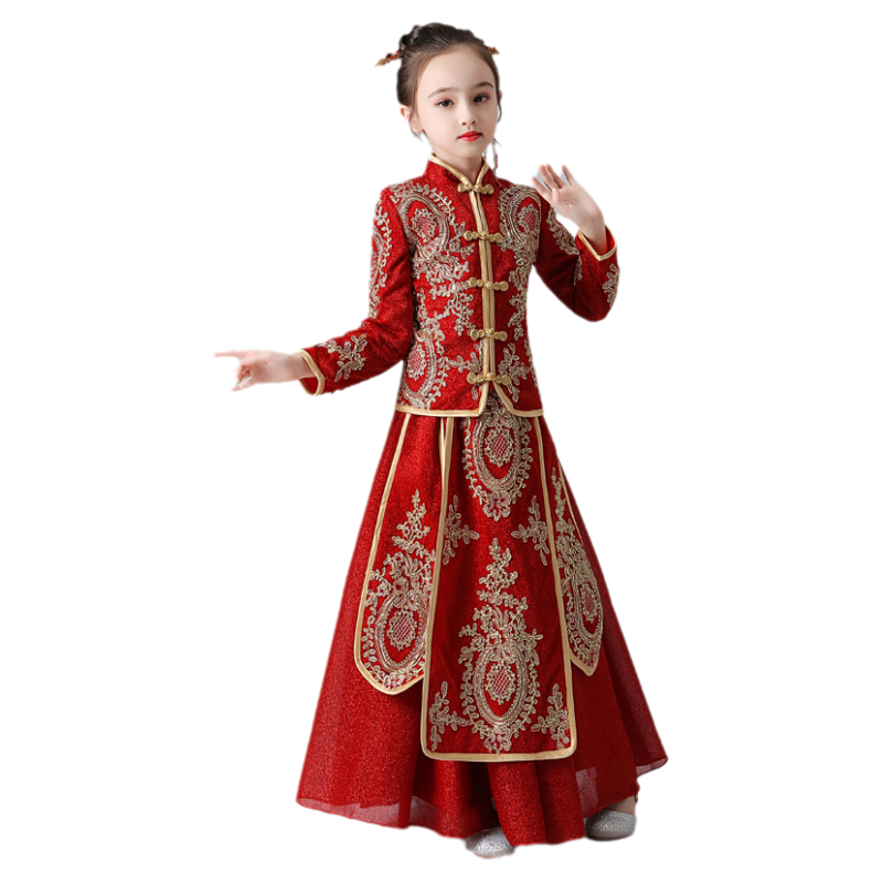 汉服女童红色中国风旗袍拜年服儿童过年衣服唐装秀禾服秋冬长袖