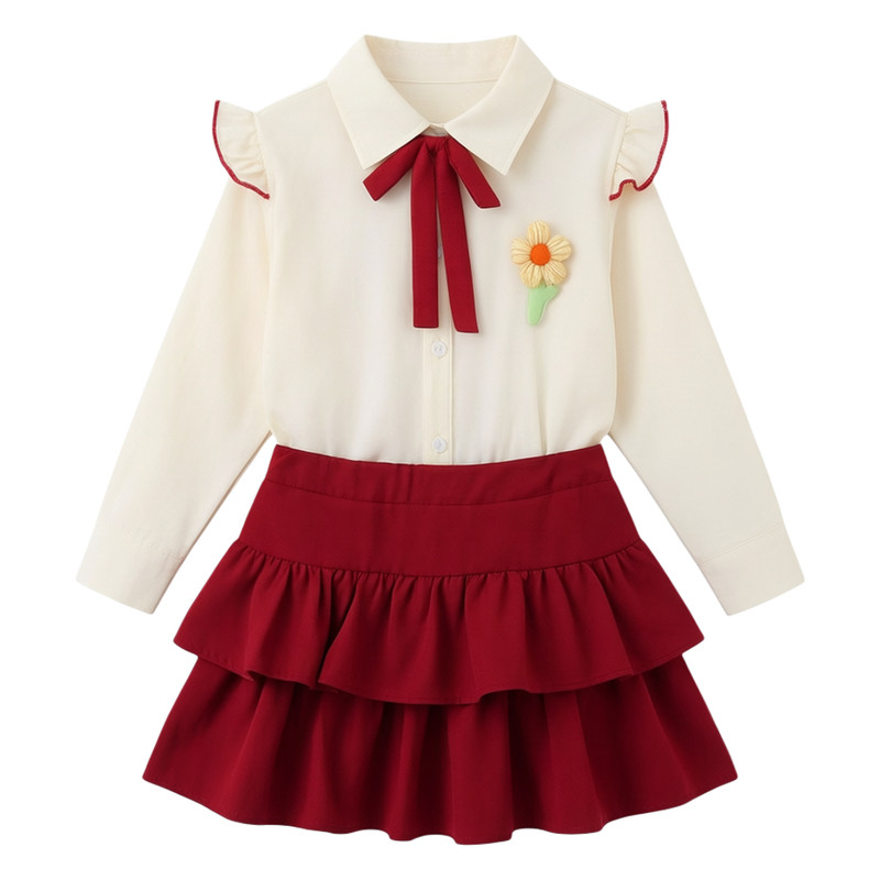 女童红色校服演出套装合唱朗诵