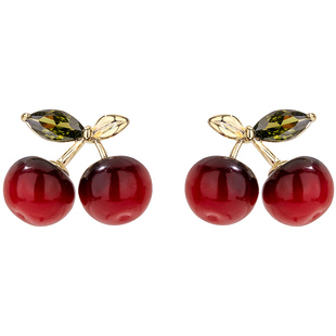 樱桃红色耳饰女银耳钉耳环2025新款爆款高级感轻奢秋冬新年耳坠