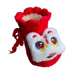 冬季手工钩编婴儿鞋满月百天宝宝加绒加厚保暖软底毛线醒狮虎头鞋