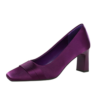 紫色高跟鞋粗跟不累脚7cm法式超好看绝美气质方头浅口单鞋女绸缎