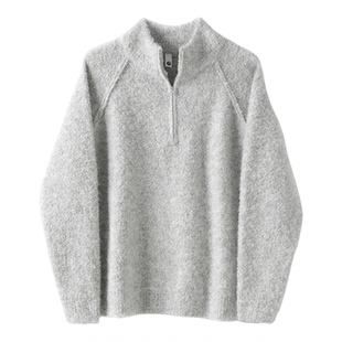 LUUD 含羊毛混色圈圈纱毛绒感针织衫男半拉链立领插肩袖拼接毛衣