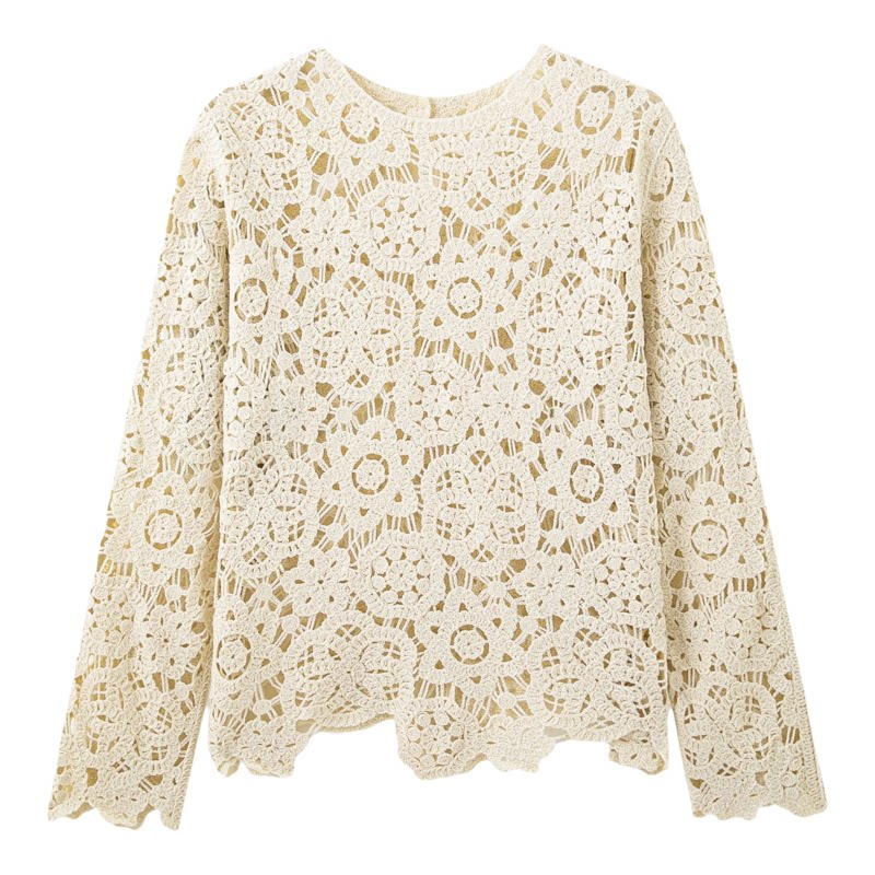 Floral Lace Blouse 欧美女装法式花卉蕾丝镂空圆领女士长袖上衣