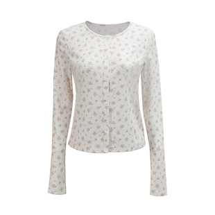 NON RESTRAIN精致碎花短款长袖T恤女温柔氛围感修身针织开衫上衣