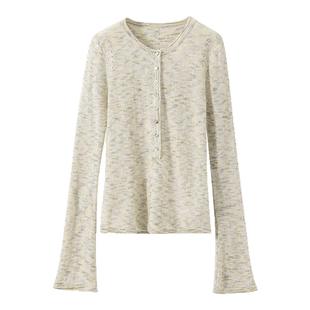 【纸片人特效】段染花式纱线 法式亨利领加长喇叭袖针织衫上衣