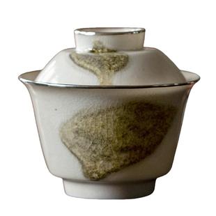 觅白柴烧包银口盖碗马蹄纯手工水墨裸烧窑开片自然落灰白瓷泥薄胎