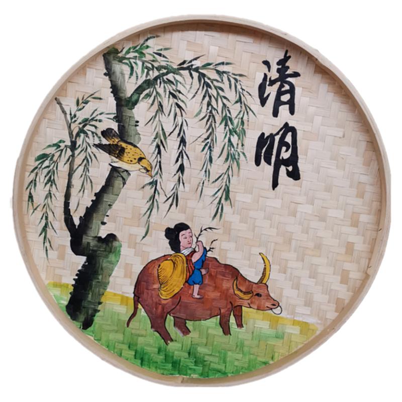 二十四节气簸箕画手绘学校竹编画