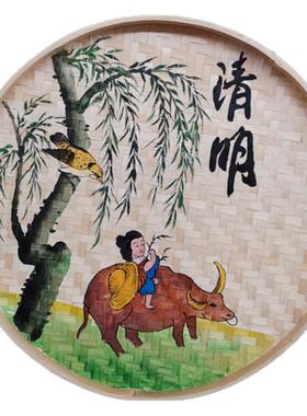 二十四节气簸箕画手绘学校竹编画