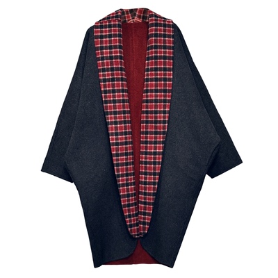 牦牛羊毛拼色格纹双面呢黑色大衣