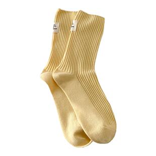 纯色堆堆袜子女纯棉春秋后跟布标中筒袜ins潮奶油日韩系学院风袜