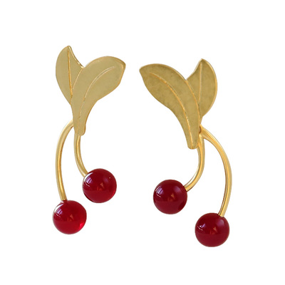 铜镀金红色樱桃法式耳环