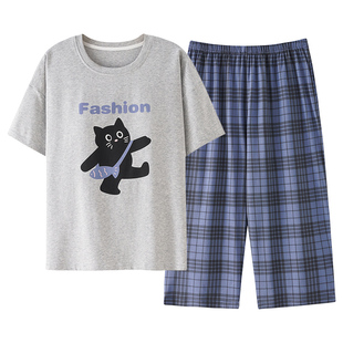 5XL超大码睡衣女士带胸垫夏季纯棉短袖七分裤加肥加大码胖mm200斤