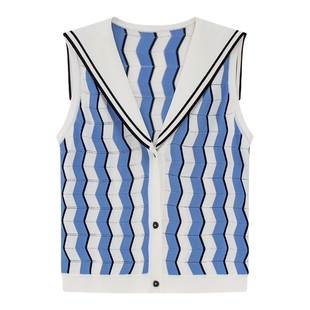 DTLANDO【海军领波浪纹针织马甲】春季新款H版型显瘦单排扣设计