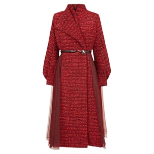 sdeer圣迪奥冬季女装立领格纹收腰网纱大衣式羽绒服S234Z2464