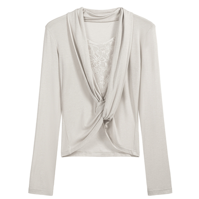 雾柔扭结V领挂脖蕾丝针织上衣