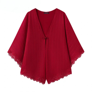 拉夏贝尔/La Chapelle复古气质红色女披肩女秋季新款时尚旗袍披风