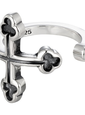 KREAM 925银复古做旧十字开口戒指男欧美潮流女个性指环可调节