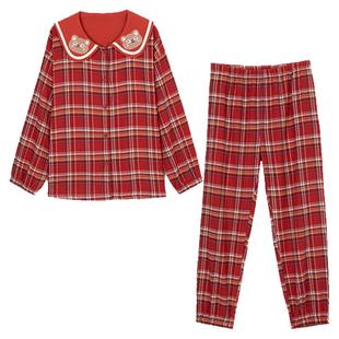 顶瓜瓜梭织格子纯棉磨毛开衫睡衣男女春秋季翻领长袖家居服有裤袋