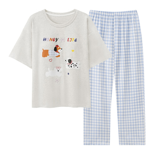 帕兰朵100%纯棉睡衣女夏季短袖长裤2026新款带胸垫大码家居服套装