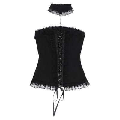 亚比哥特暗黑哥特风猫系挂脖性感系带修身纯黑抹胸吊带上衣