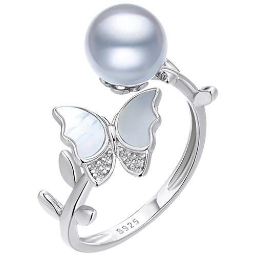 黛米珠宝 咏香 约7-8mm圆巴形银灰色海水akoya珍珠戒指S925银指环