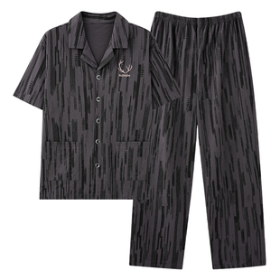 男士睡衣夏季纯棉开衫短袖长裤大码休闲薄款可外穿夏天家居服套装