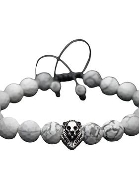 狮子白色珠子串珠男士手链纯银