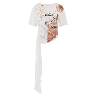 诱货海洋印花抽褶不对称打底衫