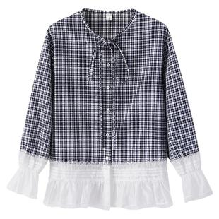 夕蒙2026春秋韩系上衣蕾丝拼接设计感小众气质蓝色格子长袖衬衫女