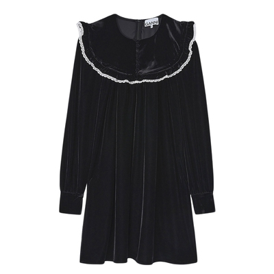 GANNI女装 复古优雅茶歇风蕾丝边翻领天鹅绒连衣裙 A1030110099