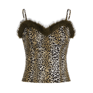 WEEKEEP 豹纹毛毛拼接收腰吊带小背心女内搭外穿显瘦打底胸衣上衣