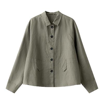 梭家｜去灯塔｜飒气十足 亚麻工装女外套春夏长袖灰绿色上衣宽松
