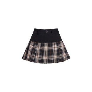 VOCK 涩谷辣妹 日系复古百搭假两件百褶裙子拼接格子显瘦半裙短裙