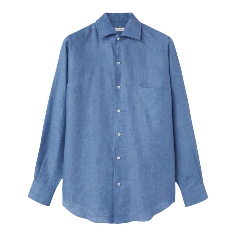 Loro Piana/诺悠翩雅男装蓝色亚麻尖领长袖宽松休闲衬衫