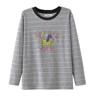 大码t恤女春款长袖2026年新款胖妹妹时尚减龄狗狗印花条纹打底衫