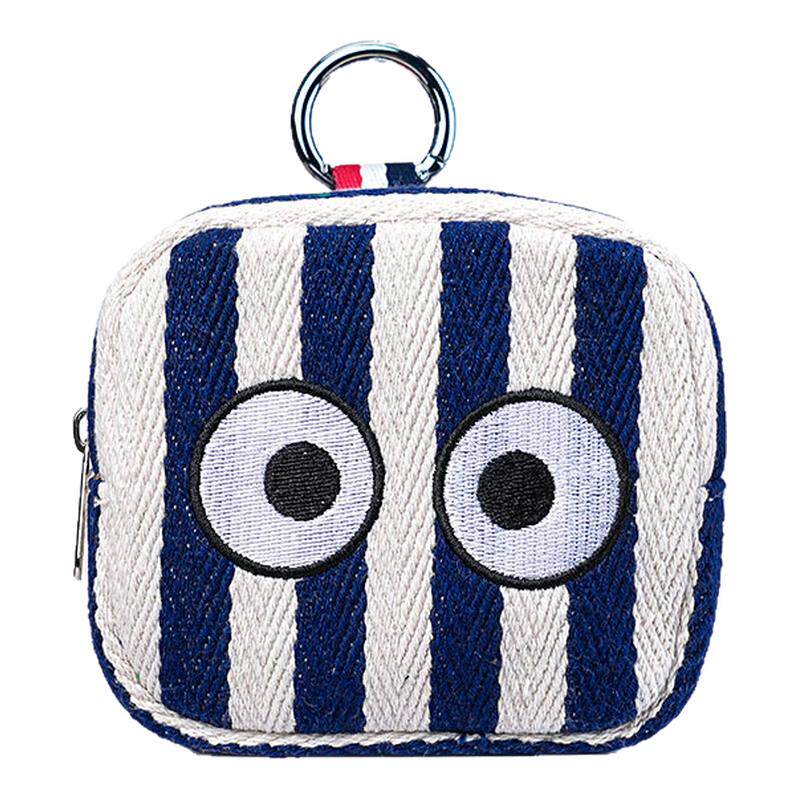 可爱卡通刺绣大眼睛条纹拉链化妆包可挂零钱包口红耳机便携收纳包