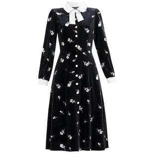未风黑色丝绒印花连衣裙女冬2025冬季新款气质娃娃领年会礼服裙子