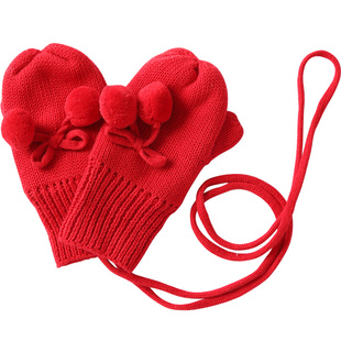 伊米伦宝宝挂绳手套冬季男女童保暖可爱毛球手套婴儿加厚手套0-6