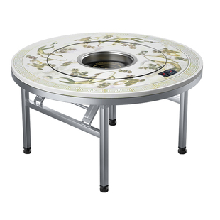 不锈钢转盘圆桌家用餐桌商用加厚饭桌饭台电磁炉火锅一体折叠桌子