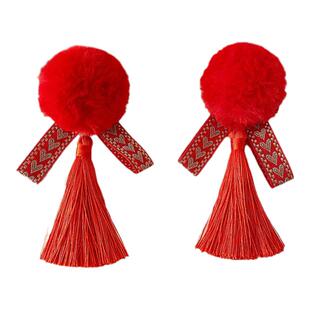 新年儿童毛球发夹小女孩中国风红色毛绒流苏发卡女童过年汉服头饰