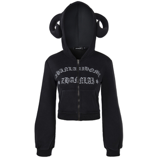 OV原创美式复古立体牛角做旧加绒连帽卫衣女冬季短款显瘦开衫外套