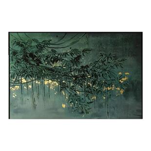 深绿金箔枝叶肌理感油画玄关装饰画入户正对门侘寂风客厅横版挂画