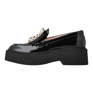 欧货英伦风水钻乐福鞋女2026新款厚底增高方扣一脚蹬黑色小皮鞋女