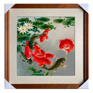 苏绣连年有余九鲤图荷花手工刺绣布片结婚送礼家庭玄关装饰国画