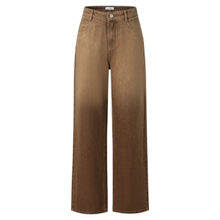 MOISSAC摩萨克秋牛仔棉咖色渐变水洗阔腿高腰长裤女